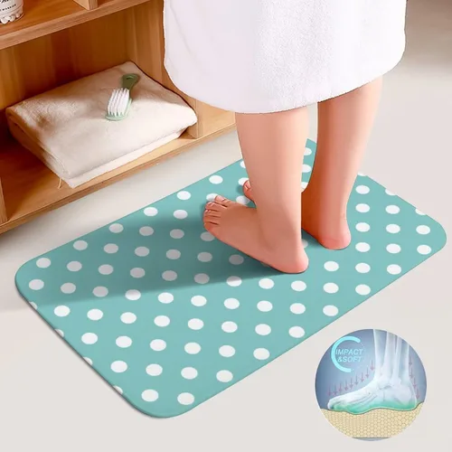 Miniatura 4 de Juego de 3 alfombras de baño con diseño de lunares, color azul aguamarina, antideslizante, con contorno en forma de U y tapa de inodoro