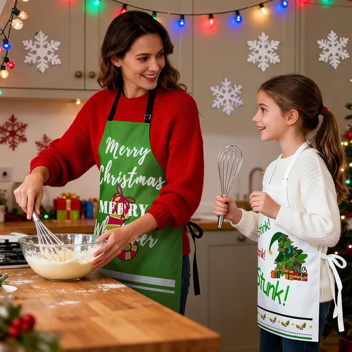Miniatura 6 de Juego de 4 delantales de Navidad – Delantales ajustables con árbol de Navidad, medias, muñeco de nieve para la familia, decoración festiva de cocina