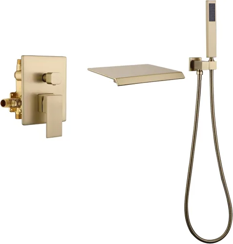 Taplong Grifo de bañera de montaje en pared con boquilla de cascada, juego de grifo de bañera montado en la pared con rociador de mano dorado