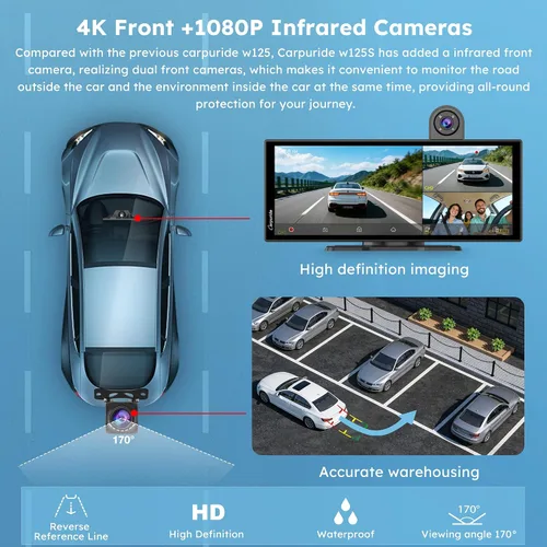 Miniatura 4 de CARPURIDE W125S Carplay inalámbrico HD de 11.26 pulgadas y pantalla automática Android, cámara 4K + 1080P+1080P Dash para automóviles con tarjeta