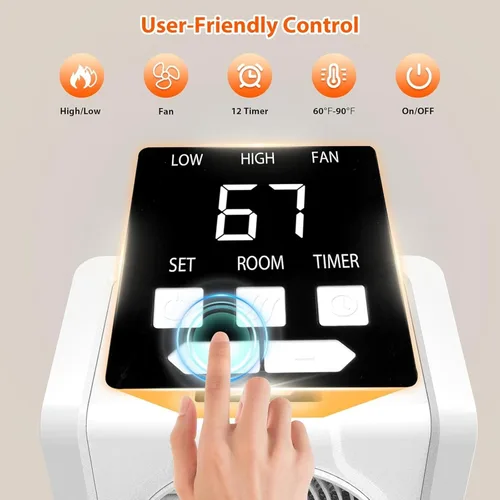 Miniatura 4 de HEATIT Calentador de espacio para interiores, pantalla digital con termostato, temporizador de 1-12 horas, modo de ventilador, 1500 W/750 W, Blanco