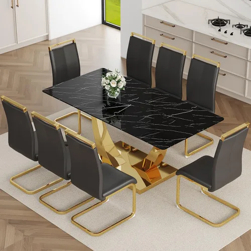 Miniatura 34 de Juego de Mesa de Comedor Negra para 6, Mesa de Comedor de Mármol Falso de 71" para 6, Juego de Mesa de Cocina Rectangular con Sillas de Cuero PU