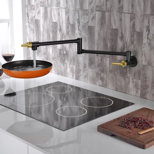 Miniatura 4 de SUMERAIN Grifo de llenado de olla para montaje en pared, grifo de cocina negro y dorado, brazos oscilantes de doble articulación, dos manijas
