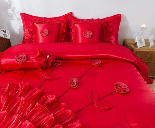 Miniatura 6 de Tache VEHY4174-CK - Juego de edredón de satén de tamaño California King, color rojo brillante, diseño de rosas románticas con volantes