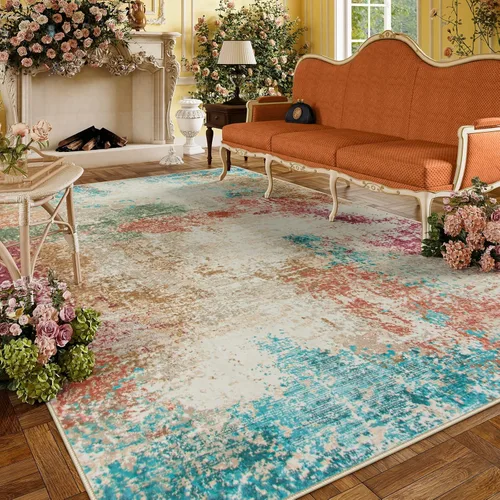 Miniatura 15 de Lahome - Alfombra abstracta de 3 x 5 pies, alfombra lavable azul gris para entrada sin deslizamiento, alfombra moderna de pelo bajo y suave