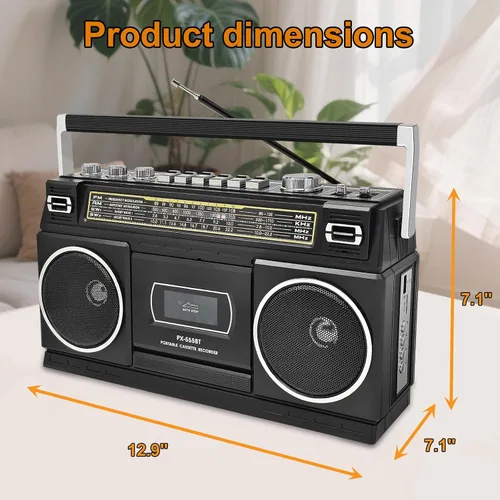 Miniatura 8 de Reproductor de casete Boombox con Bluetooth, radio AM/FM/SW y grabación a USB, sonido estéreo de 24 W, 4 modos de alimentación, estéreo retro