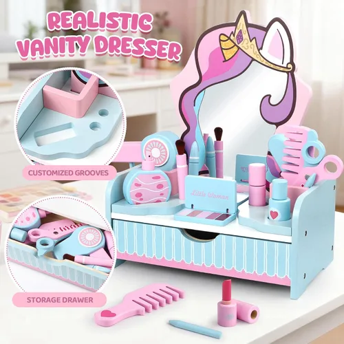 Miniatura 4 de Atoylink Juego de tocador de maquillaje de madera para niñas, juguetes de mesa para niños con espejo, cajón, juego de peluquería y accesorios