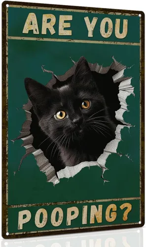 Miniatura 11 de ALKB Letrero de baño con diseño de gato esmoquin, divertido letrero de metal de 8 x 12 pulgadas – Are You Pooping – Decoración de pared de gloria