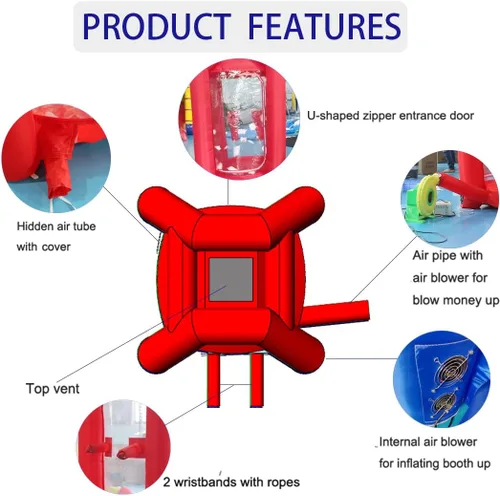 Miniatura 5 de SAYOK Cabina inflable de dinero con soplador de aire para eventos, promoción (rojo, 4.92 x 4.92 x 8.2 pies)