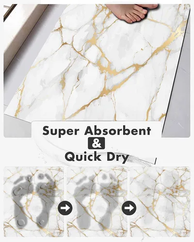 Miniatura 4 de Mrcrypos Alfombra de baño con diseño de mármol blanco dorado, antideslizante, de secado rápido, súper absorbente, delgada, lavable, accesorios