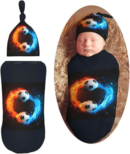 Manta para envolver con pelota de fútbol para recién nacido, con juego de gorro, saco de dormir suave para bebé, elástico y ajustable, mantas para