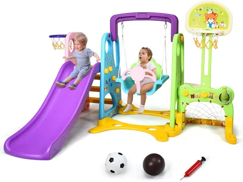 Miniatura 9 de Costzon - Juego de tobogán y columpio 6 en 1 para niños pequeños, juego de escalador grande con aro de baloncesto, portería de fútbol y hoyo