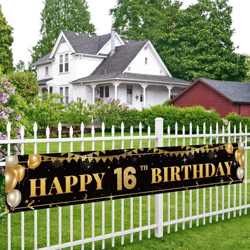 Miniatura 5 de Cartel grande de decoración de cumpleaños número 16, cartel de feliz cumpleaños número 16 negro y dorado, suministros de decoración de fiesta