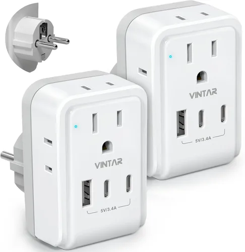 Miniatura 8 de Paquete de 2 adaptadores de enchufe de viaje europeo, VINTAR Adaptador de alimentación internacional plegable con 4 tomas de corriente AC, 3 puertos