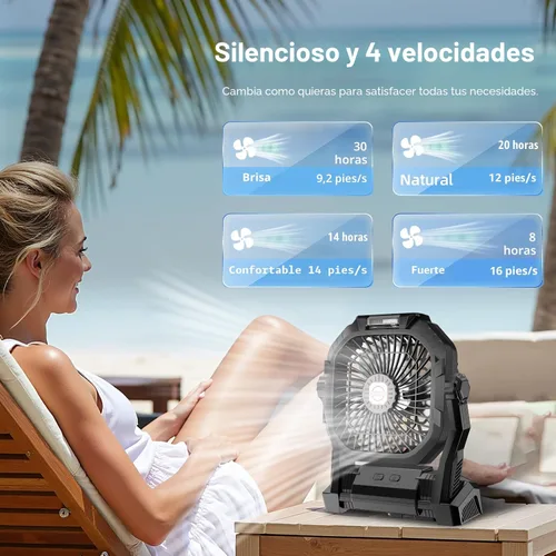 Miniatura 2 de Ventilador de camping recargable, ventilador portátil con batería de 20000 mAh con luz LED y gancho, 4 velocidades ajustables a 270°, esenciales