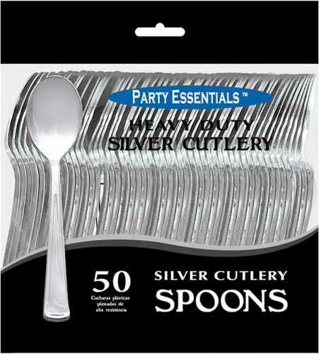 Miniatura 3 de Party Essentials 50 cucharas de plástico duro, plata brillante Cucharas plateadas brillantes