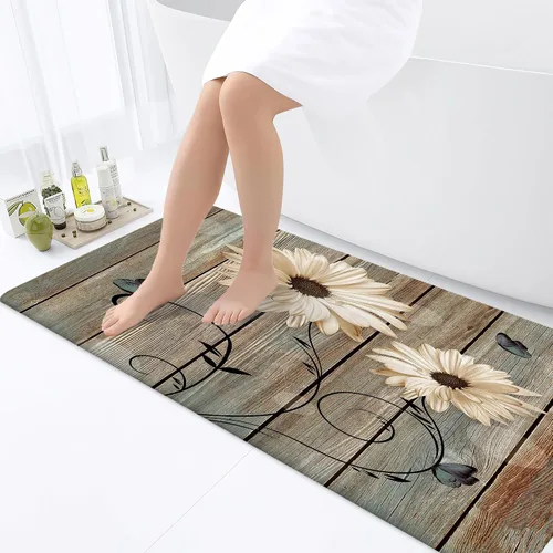Miniatura 18 de Alfombra de baño rústica blanca floral, flores y mariposas en tabla de madera vieja, antideslizante, juego de alfombras de baño vintage