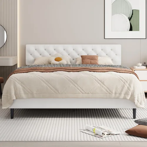 Miniatura 23 de BarnFurin Marcos de cama individual con cabecera capitoné con botones, cama de plataforma tapizada de lino con soporte de listones de madera, fácil