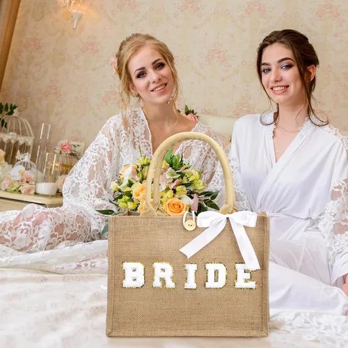 Miniatura 5 de Silkfly Bolsa de mano de novia de boda, regalo de despedida de soltera, bolsa de yute de playa con cinta para regalos de despedida de soltera