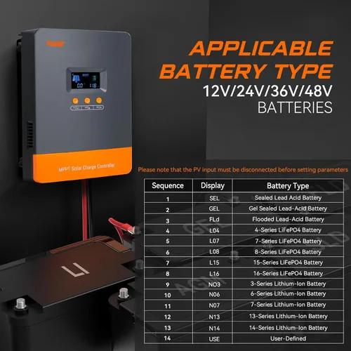Miniatura 5 de Regulador solar PowMr de 60 A MPPT, controlador de carga de batería de 60 amperios para baterías de litio LiFePO4 y de plomo-ácido de 12 V/24 V/36
