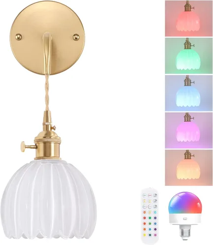 Miniatura 22 de Shenmoyl Candelabro de Pared Operado por Batería con Soporte de Cadena Ajustable, Patrón de Tulipán Verde, Vidrio con Diseño Retro en Oro, Lámpara