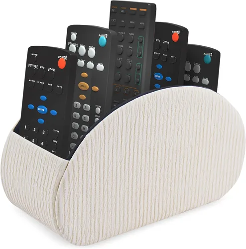 Miniatura 22 de QIELIZI Soporte para control remoto, organizador de escritorio de piel sintética con 5 compartimentos espaciosos para controles remotos de TV