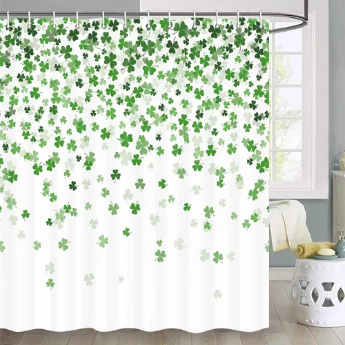 JAWO Cortina de ducha de trébol verde, cortinas de ducha de trébol de la suerte, cortina de ducha irlandesa de tela para el día de San Patricio,