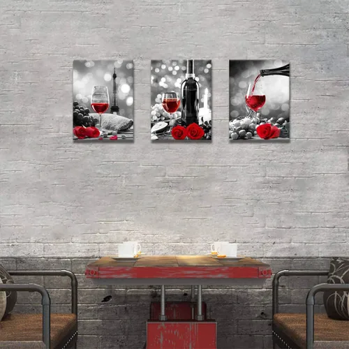 Miniatura 7 de Decoración de vino para cocina, arte en lienzo con rosas de vino tinto, arte para paredes del hogar, blanco y negro, con pintura de vino tinto, arte