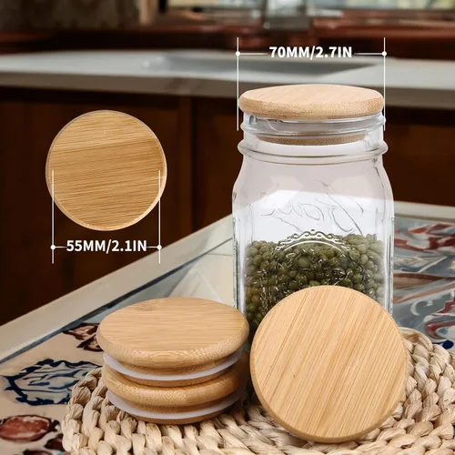 Miniatura 2 de Tapas para frascos de masón, tapas reutilizables para tarros de bambú de vidrio de grado alimenticio, sellado de silicona de material de grado Bambú