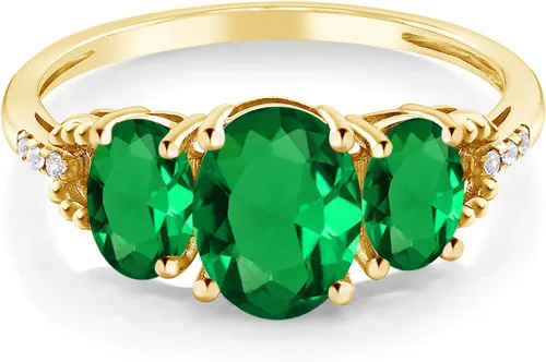 Miniatura 3 de Gem Stone King Anillo de compromiso de oro amarillo de 10 quilates con esmeralda y diamante de imitación de 3 piedras 1.59 Cttw Anillo de promesa