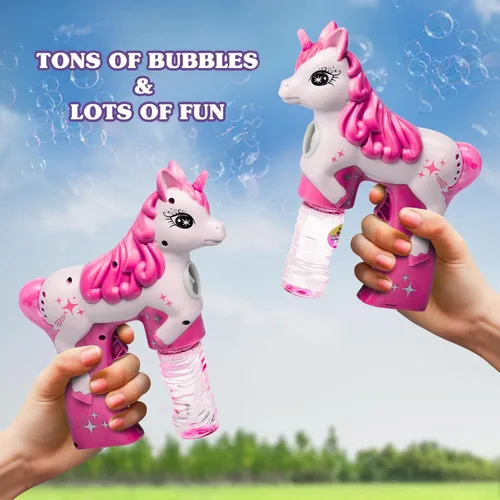Miniatura 4 de Pistola de burbujas de unicornio rosa para niños, juguete soplador automático de burbujas Lindo lanzador de burbujas para niños pequeños, niños