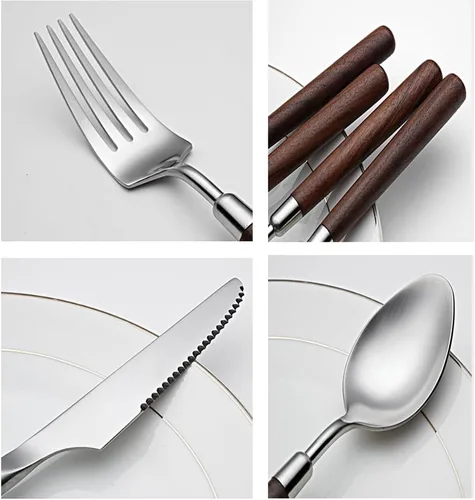 Miniatura 7 de Juego de cubiertos para 4, 16 piezas de cubiertos de acero inoxidable con mango de madera, incluye cuchillo para carne, tenedor y cuchara, juego