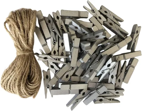 Miniatura 15 de 50 piezas de pequeñas pinzas de madera para fotos con cordel de yute, mini pinzas para ropa para manualidades, decoración, secado de ropa, 50 piezas