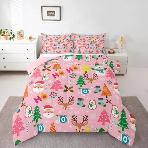Miniatura 12 de Erosebridal Juego de edredón de Papá Noel tamaño matrimonial para niños y niñas, edredón de plumón de Feliz Navidad, juego de ropa de cama
