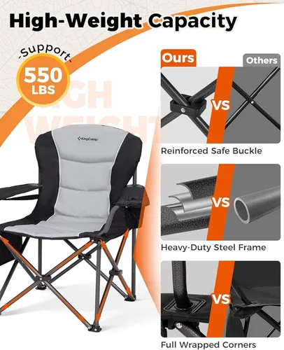Miniatura 6 de KingCamp Silla plegable de campamento de gran tamaño, resistente 450 libras con soporte lumbar, asiento acolchado con soporte para tazas y bolsa