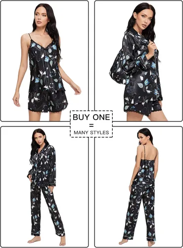 Miniatura 3 de Escalier Conjunto de 5 piezas de pijama de satén de seda para mujer, ropa de dormir