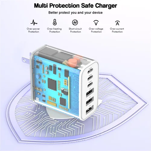 Miniatura 4 de Bloque de carga USB C de 65 W, paquete de 2 bloques de carga rápida de 6 puertos con cable tejido tipo C a tipo C de 6 pies de largo, enchufe