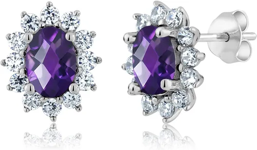 Miniatura 210 de Gem Stone King Aretes ovalados de plata de ley 925 de 0.276 x 0.197 in con piedra natal de la princesa Diana, estilo halo real para mujeres
