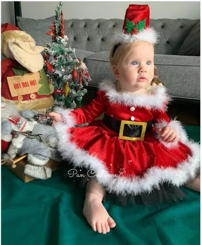 Miniatura 2 de WASAIGOOD Mameluco de Navidad para bebé niña, vestido de manga larga con ribete de piel, traje de terciopelo para Navidad, enterizo de invierno