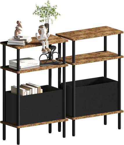 Miniatura 10 de Mesa auxiliar estrecha con cesta de tela, mesa auxiliar para espacios pequeños, mesita de noche delgada con estante de almacenamiento de 3 niveles