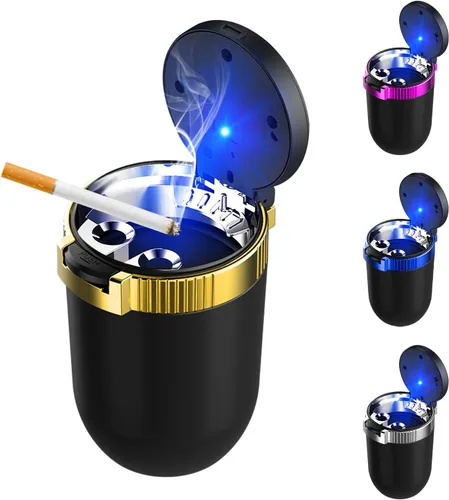 Miniatura 13 de Ohleats Cenicero de coche con tapa, cenicero desmontable de acero inoxidable con luz LED azul, cenicero portátil mini para vehículo, portavasos