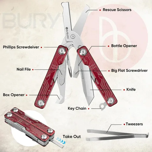 Miniatura 2 de BIBURY Mini Llavero Multiherramienta Tijeras BI2061R, 9 en 1 Multiherramienta EDC Tijeras con Destornillador, Abrebotellas, Cuchillo de Bolsillo