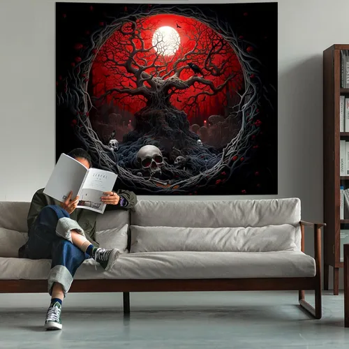 Miniatura 2 de Atrippy Tapiz de anime negro y rojo de Halloween, para colgar en la pared, diseño gótico de luna de bosque oscuro, calavera, árbol marchito