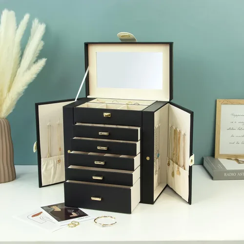 Miniatura 5 de KAMIER Joyero para mujer, caja organizadora grande de 6 capas con espejo y 5 cajones para anillos, aretes, collares, pulseras, color negro