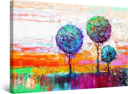 Startonight Lienzo decorativo para pared, tres árboles abstractos multicolores, pintura naranja y azul, impresión estirada, moderno para dormitorio