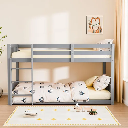 Miniatura 8 de JOYMOR Litera baja de madera maciza individual sobre individual para niños/jóvenes, marco de cama con barandillas y escalera para niños y niñas,