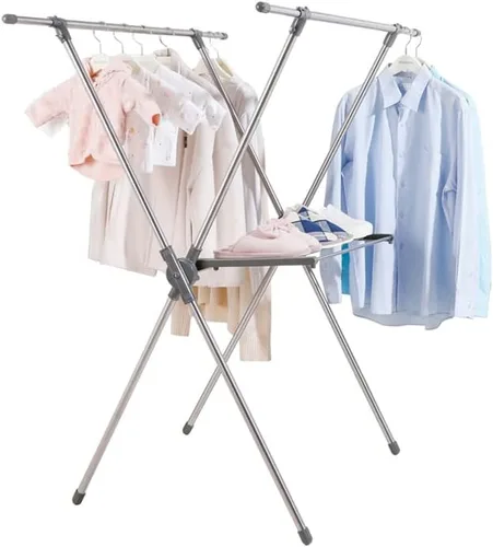 Miniatura 12 de BAOYOUNI Estante plegable de secado de ropa de acero inoxidable con doble poste, barras expandibles, ahorro de espacio, retráctil, resistente