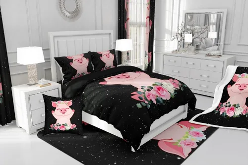 Miniatura 8 de Erosebridal Juego de edredón de cerdo rosa para niñas, decoración de habitación Kawaii, tamaño individual, relleno de edredón de hojas florales