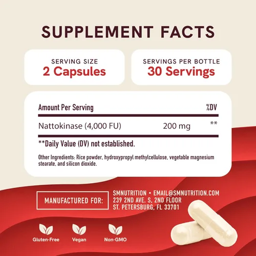 Miniatura 5 de Suplemento de nattoquinasa 4000 FU Apoya la circulación saludable y mantiene los niveles de fibrina Nattokinase 4000 FU por porción Derivado