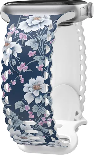 Correa de encaje floral compatible con Apple Watch de 40mm 44mm 46mm 41mm 45mm 38mm 42mm 49mm, mujeres, correa deportiva de repuesto de silicona E-